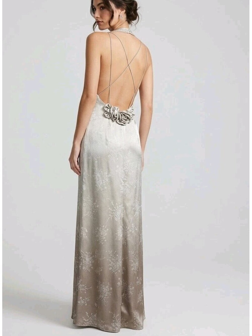 Adrianna Papell Slip Dress Womens 4 Beige Floral Satin Halter Maxi Formal
